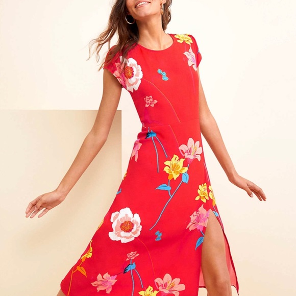 LOFT | Dresses | Nwt Loft Red Floral Side Slit Midi Dress Sz 2p | Poshmark